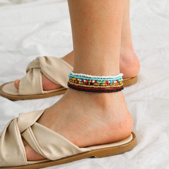 18 Pieces Elastic Beaded Anklets for Women Handmade Beach Boho Colorful Beads An - Picture 3 of 7
